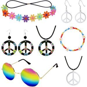 Hippie Costume Accessories for Women Peace Sign Earrings Necklace Flower Headban